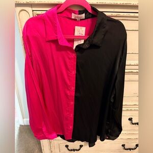 Two-Tone Pink and Black Button-Down Shirt